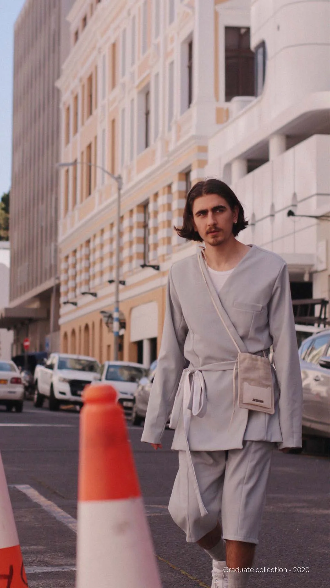 Menswear graduate collection photographed on a city street